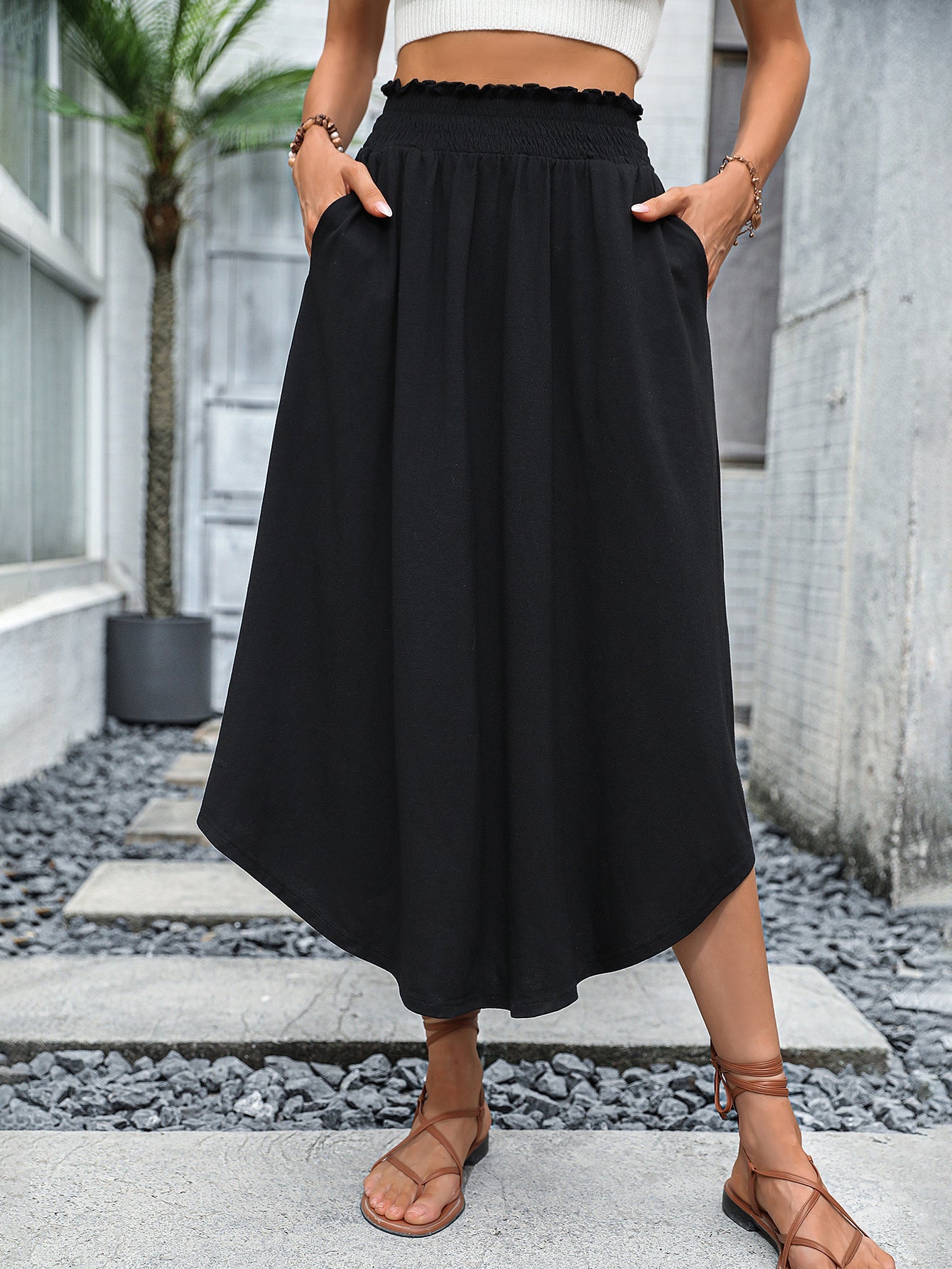 Damen Midirock Elastischer Bund Praktische Seitentaschen - Eveloria