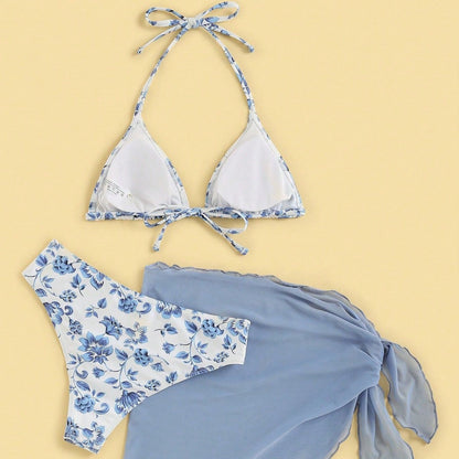 Damen Bikini-Set Blumenmuster mit Pareo