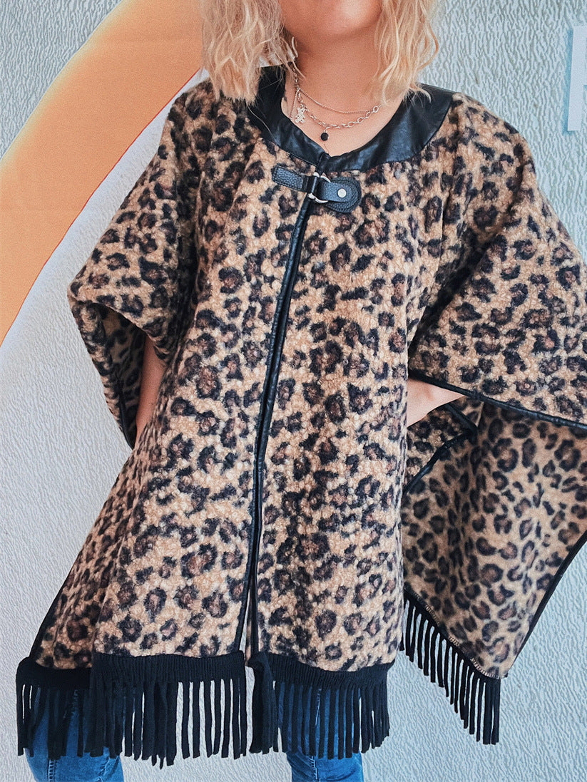 Damen Poncho Fransen Tierprint