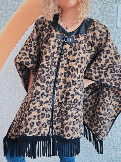 Damen Poncho Fransen Tierprint
