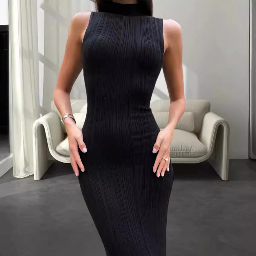 Damen Maxikleid Figurbetont Rippmuster Hochkragen Schwarz Eveloria - Eveloria