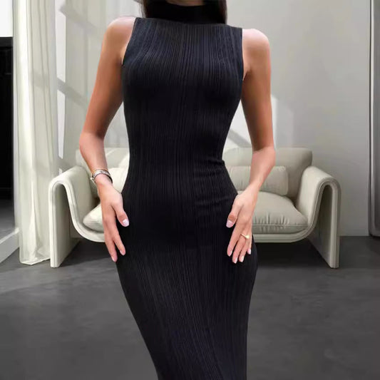 Damen Maxikleid Figurbetont Rippmuster Hochkragen Schwarz Eveloria - Eveloria