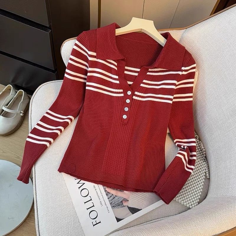 Damen Pullover Streifen Knopfleiste Klassischer Kragen