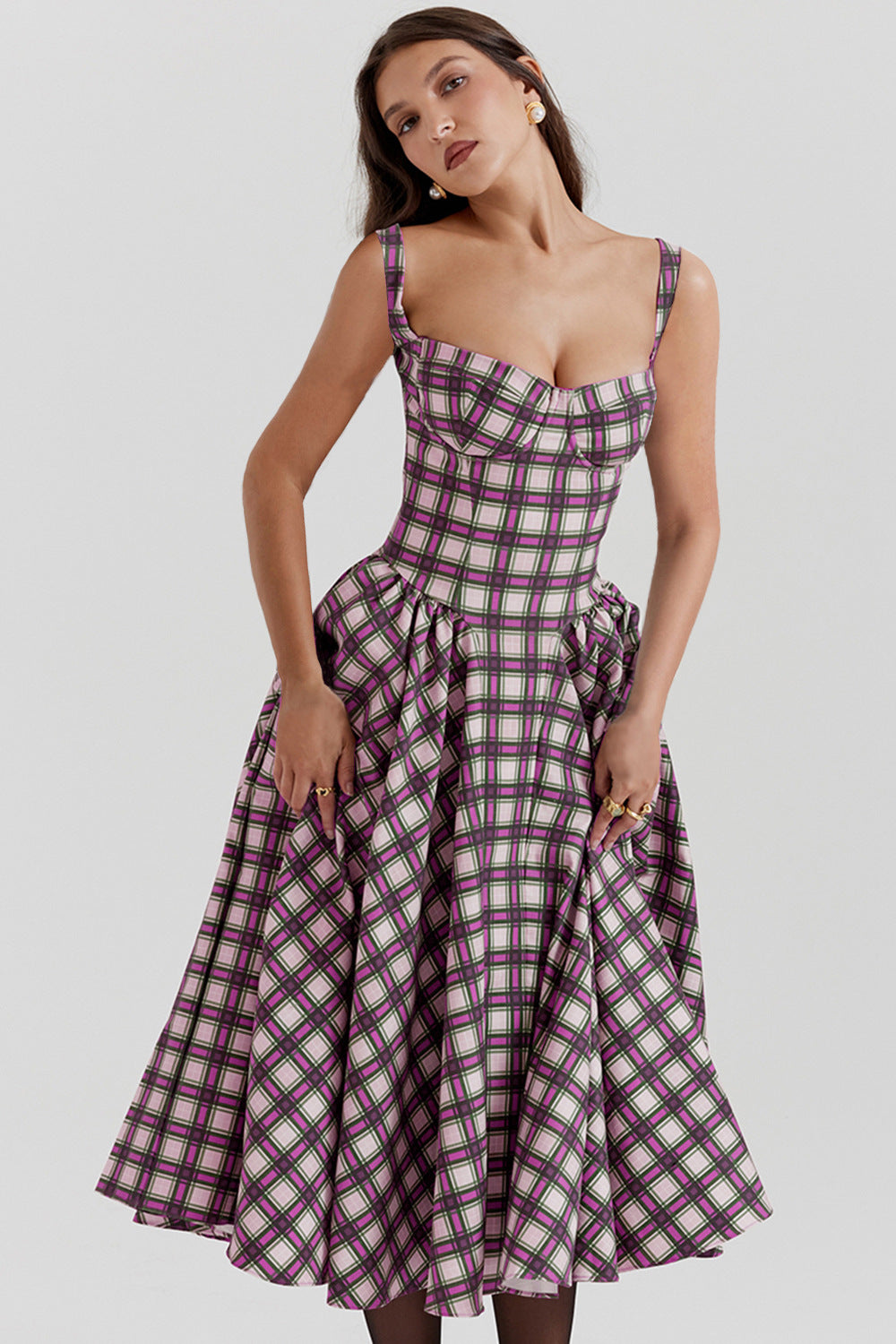 Damen Midikleid Kariert Tiefes Dekolleté Eveloria