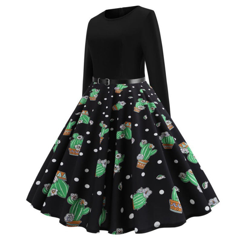 Damen Swingkleid Florales Kaktusdesign Ausgestellter Rock Eveloria