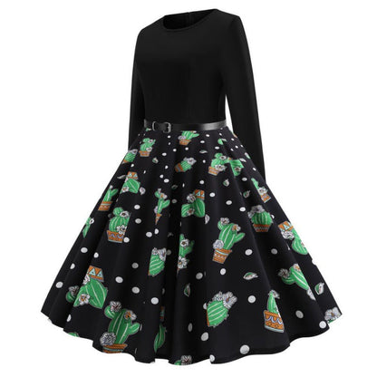 Damen Swingkleid Florales Kaktusdesign Ausgestellter Rock Eveloria