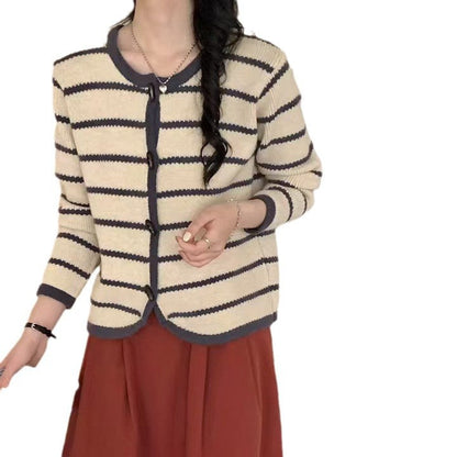 Damen Strickjacke Maritimes Streifenmuster Große Knöpfe Eveloria