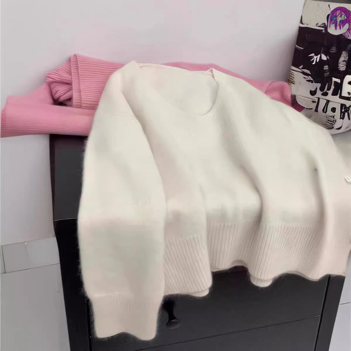 Damen Pullover V-Ausschnitt Rippstruktur Lässig Grau Eveloria