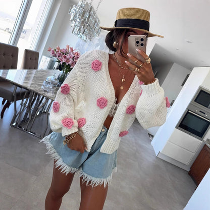 Damen Strickjacke Bunt Blumenapplikationen Luftig