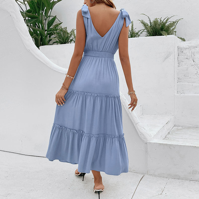 Damen Maxikleid V-Ausschnitt Volant Elegant