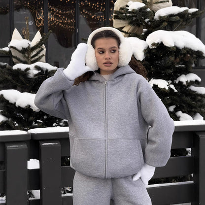 Damen Hoodie Reißverschluss Breiter Schnitt Kuschelig Grau Eveloria