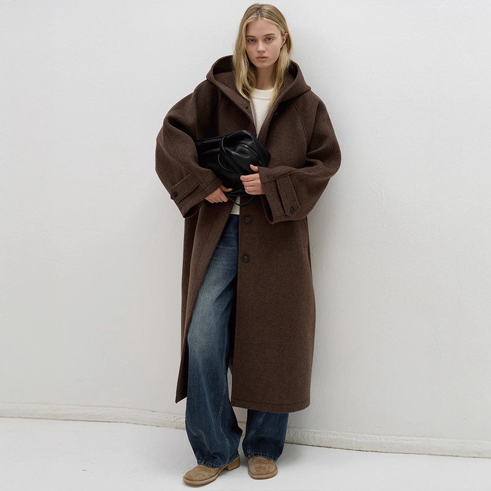 Damen Wollmantel Oversized mit Kapuze Schwarz Eveloria - Eveloria