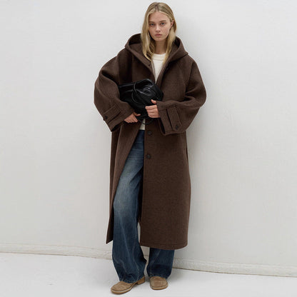 Damen Wollmantel Oversized mit Kapuze Schwarz Eveloria - Eveloria