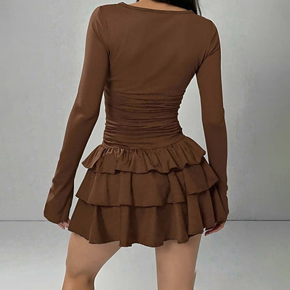 Damen Mini-Kleid Voluminöser Rüschensaum Langarm Eveloria
