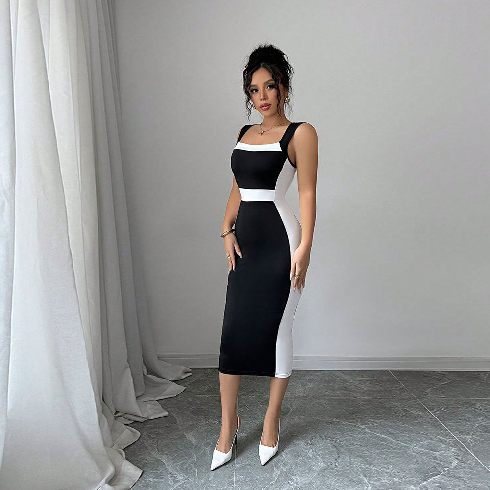 Eveloria Damen Midi-Kleid Figurbetont Kontrastschnitt
