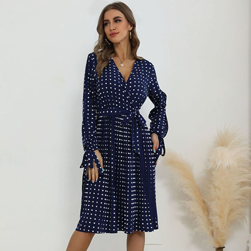 Damen Wickelkleid mit Punkten Taille Gürtel Schwarz Eveloria - Eveloria