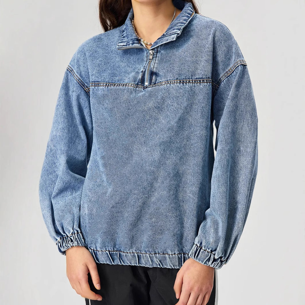 Damen Denim-Pullover Stehkragen Reißverschluss Blau Eveloria