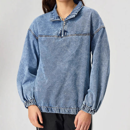 Damen Denim-Pullover Stehkragen Reißverschluss Blau Eveloria
