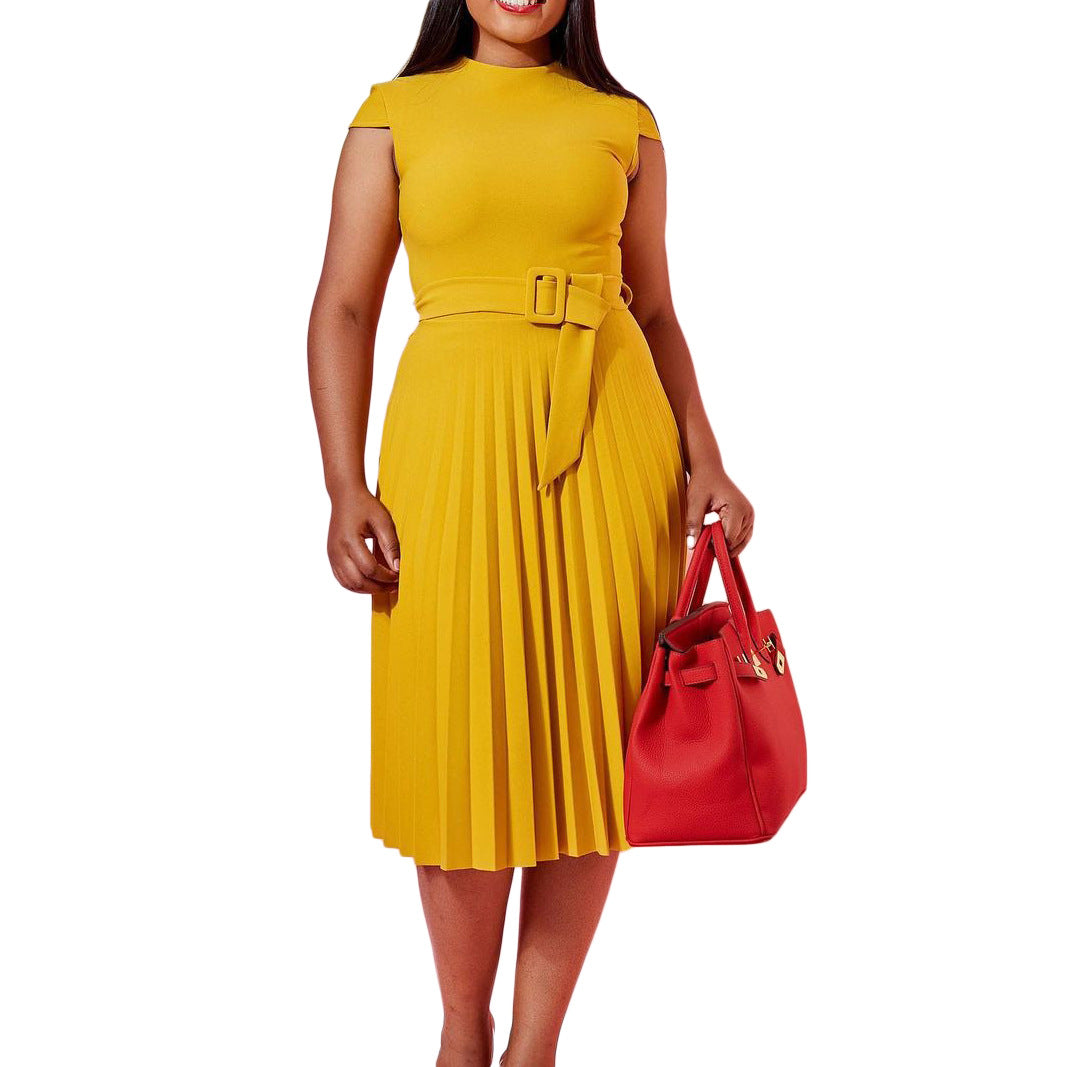 Damen Plissee Kleid mit Stehkragen und Taillengürtel Eveloria
