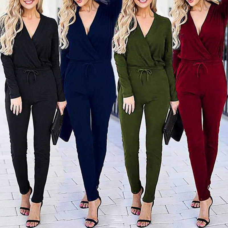 Damen Wickel-Jumpsuit Taillenzug Eveloria Elegant