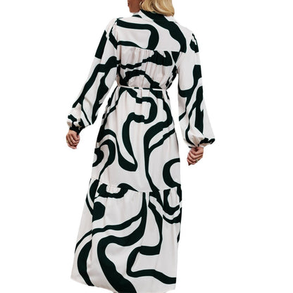 Damen Langarmkleid Musterdruck mit Bindegürtel