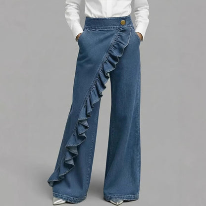 Damen Weite Jeanshose Rüschendetail Eveloria - Eveloria