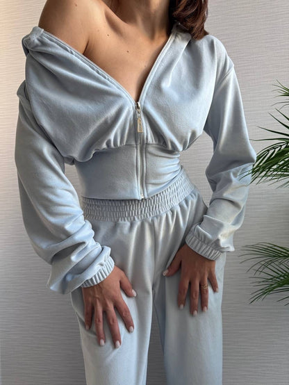 Damen Lounge-Set mit Kapuze Elastischer Bund Grau Eveloria