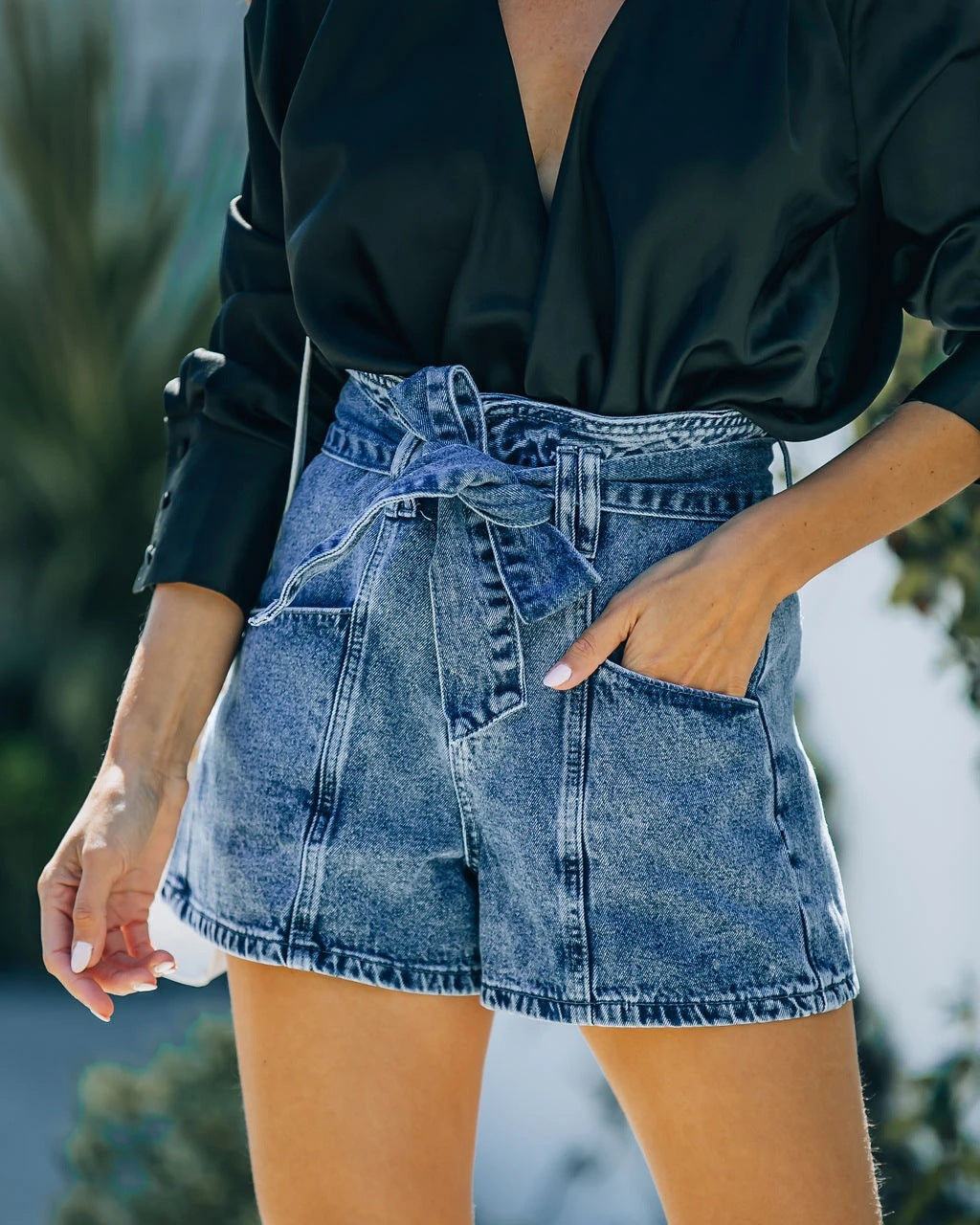 Damen Hochwaist Jeans Shorts abnehmbarer Gürtel Blau