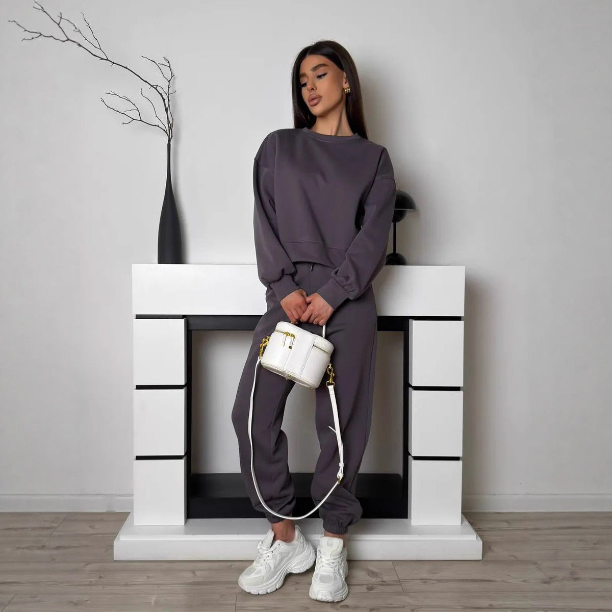 Damen Sweatset Komfort Lässig Hoch Bündchen Grau Eveloria