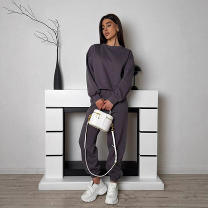 Damen Sweatset Komfort Lässig Hoch Bündchen Grau Eveloria