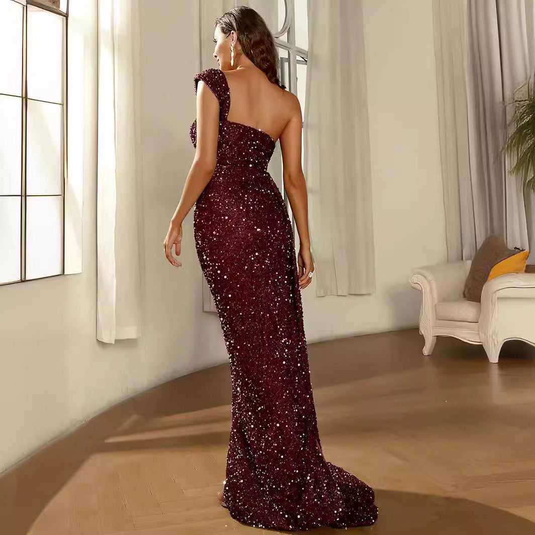 Damen Abendkleid Pailletten Langschlitz Schimmer Effekt Eveloria