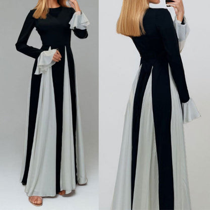 Damen Maxikleid mit Trompetenärmeln und Farbkontrast
