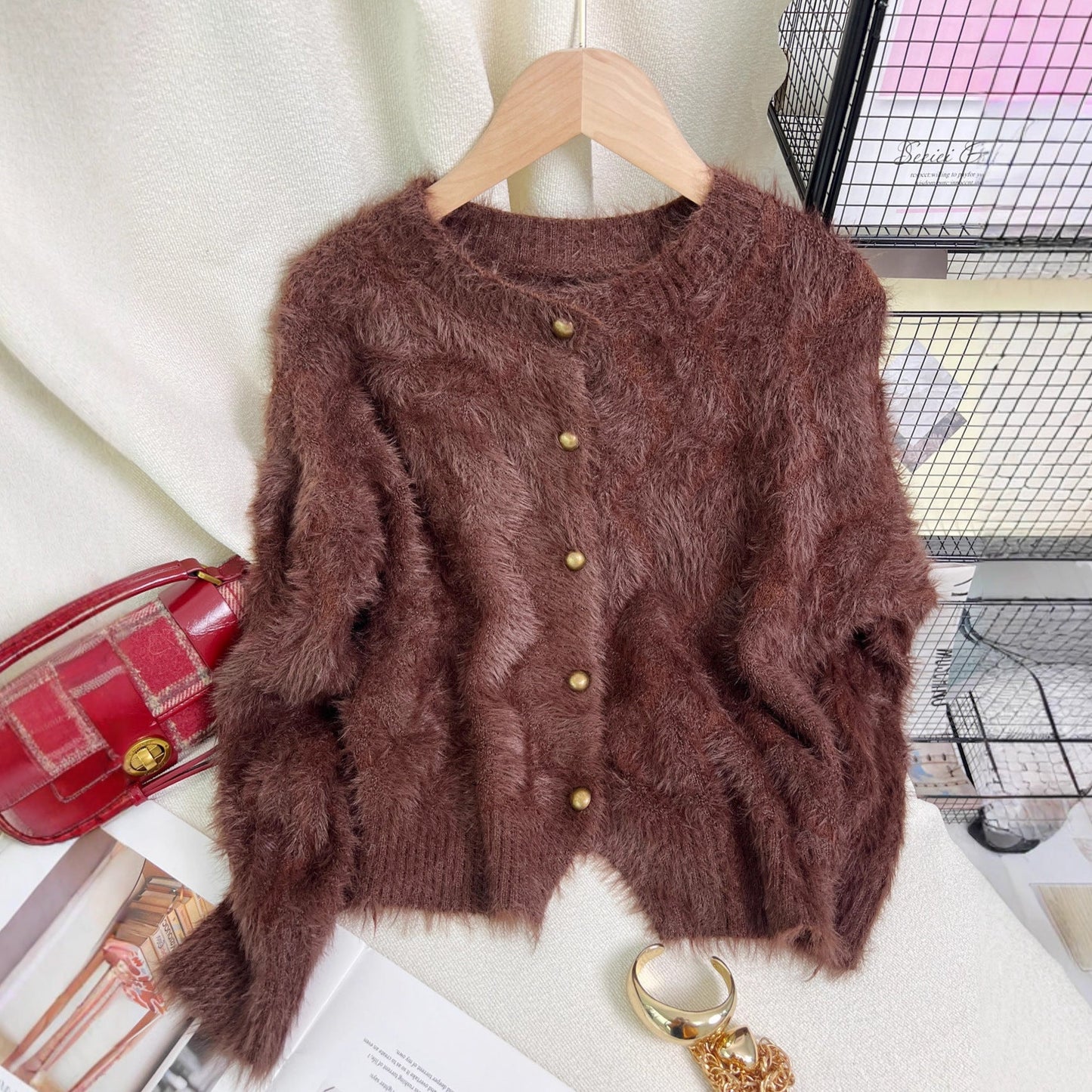 Damen Strickjacke Weich Viskosemischung Goldknöpfe Beige