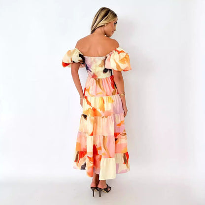 Damen Maxikleid Schulterfrei Puffärmel Eveloria