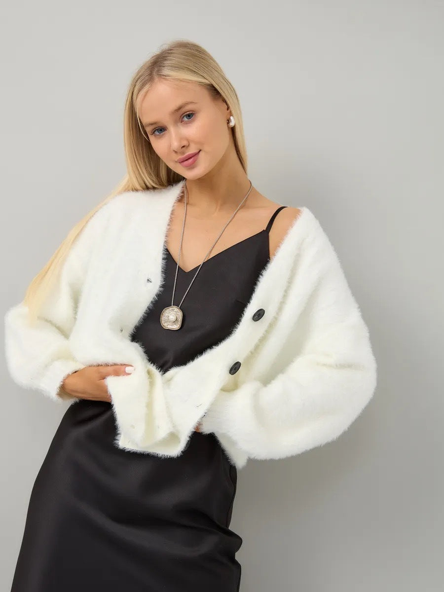Damen Strickjacke Flauschig V-Ausschnitt Knöpfe