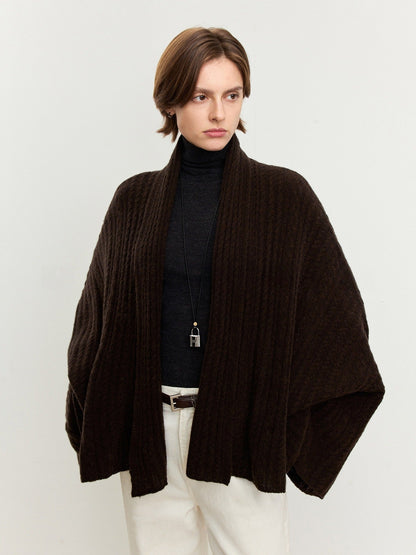 Damen Strickponcho Feine Wolle Luftig Beige