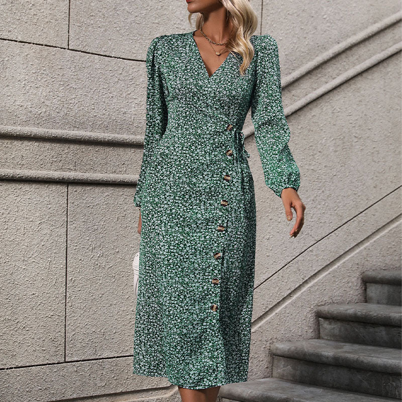 Damen Wickelkleid Florales Muster Knöpfe Eveloria