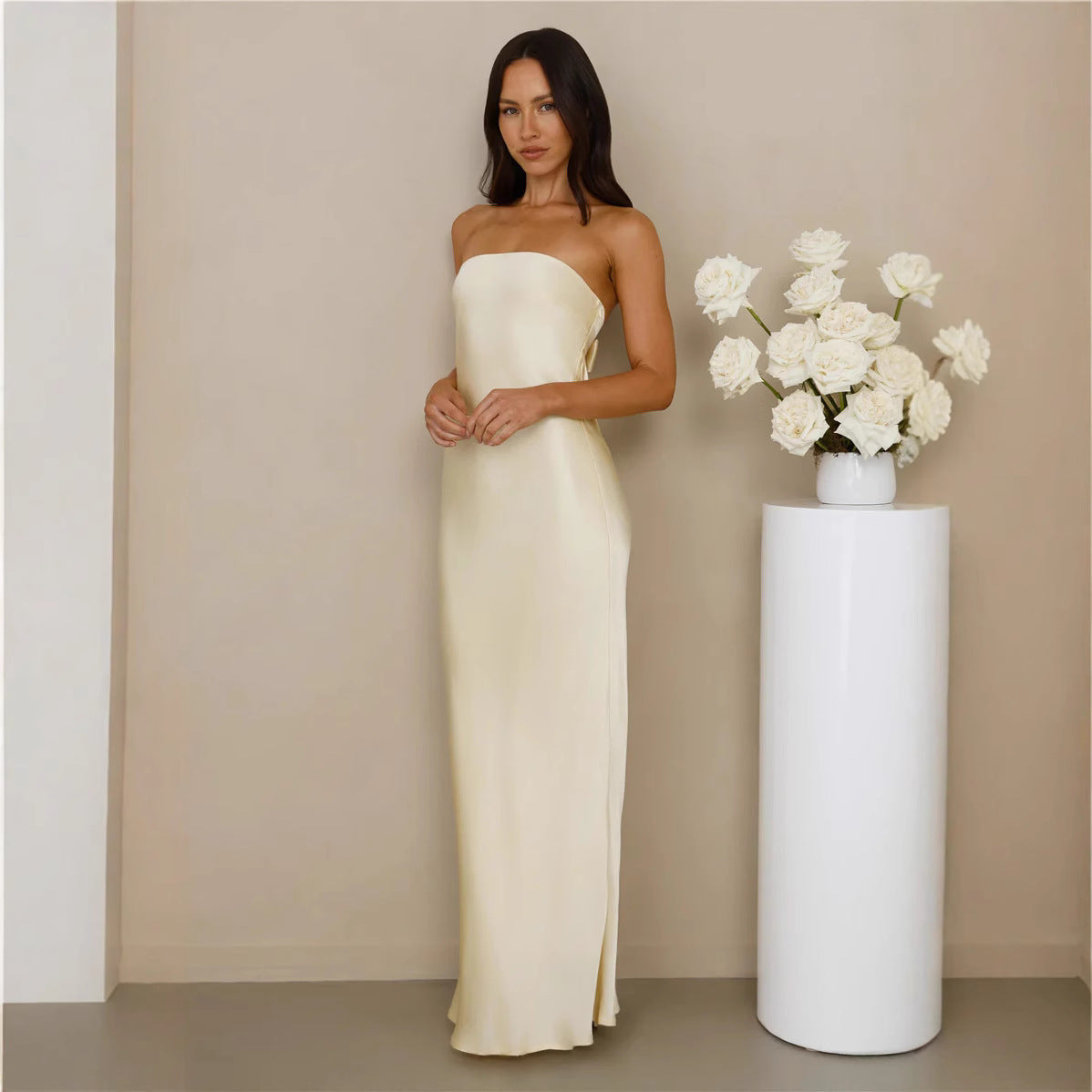 Damen Schulterfreies Maxikleid Satinoptik Elegant Eveloria