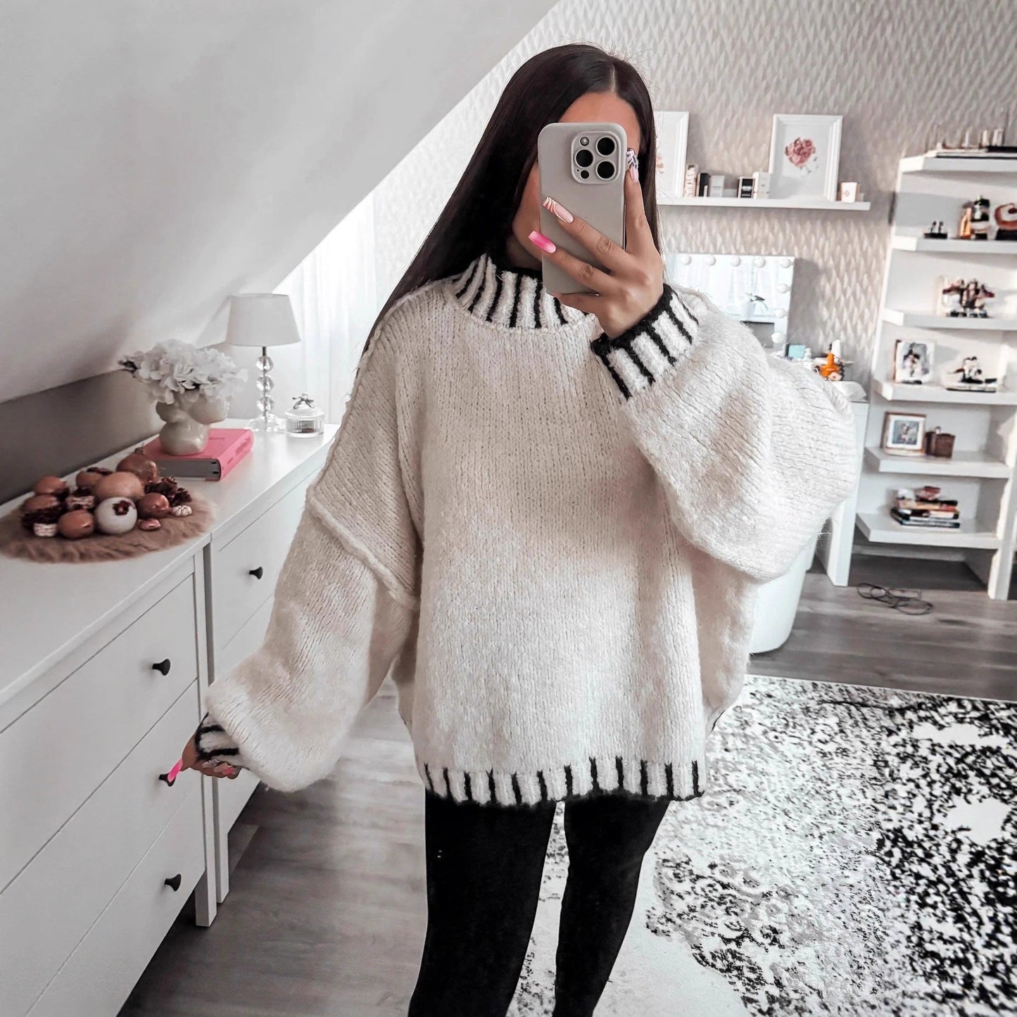 Damen Pullover Oversized Moderner Kragen Beige