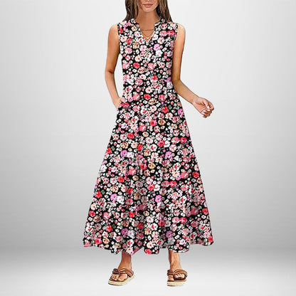 Damen Maxikleid Knopfdetail Seitentaschen Eveloria