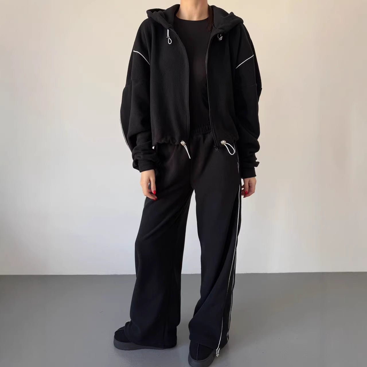 Damen Fleece-Set mit Kapuze Elastischer Bund Grau