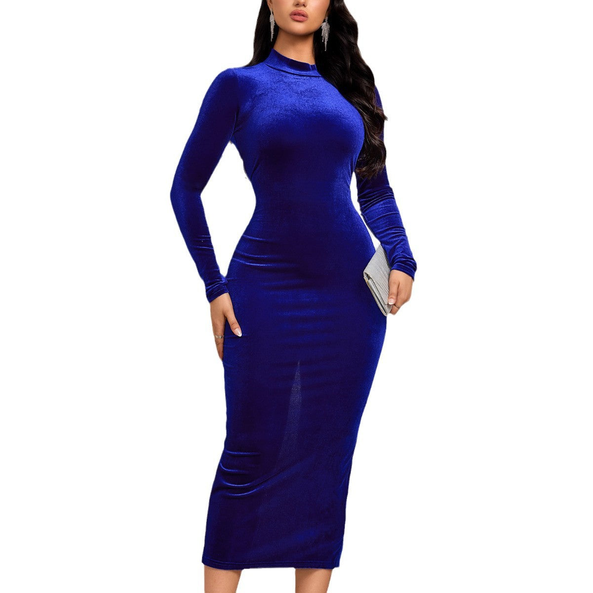 Damen Samt-Midikleid mit Stehkragen und langen Ärmeln Eveloria