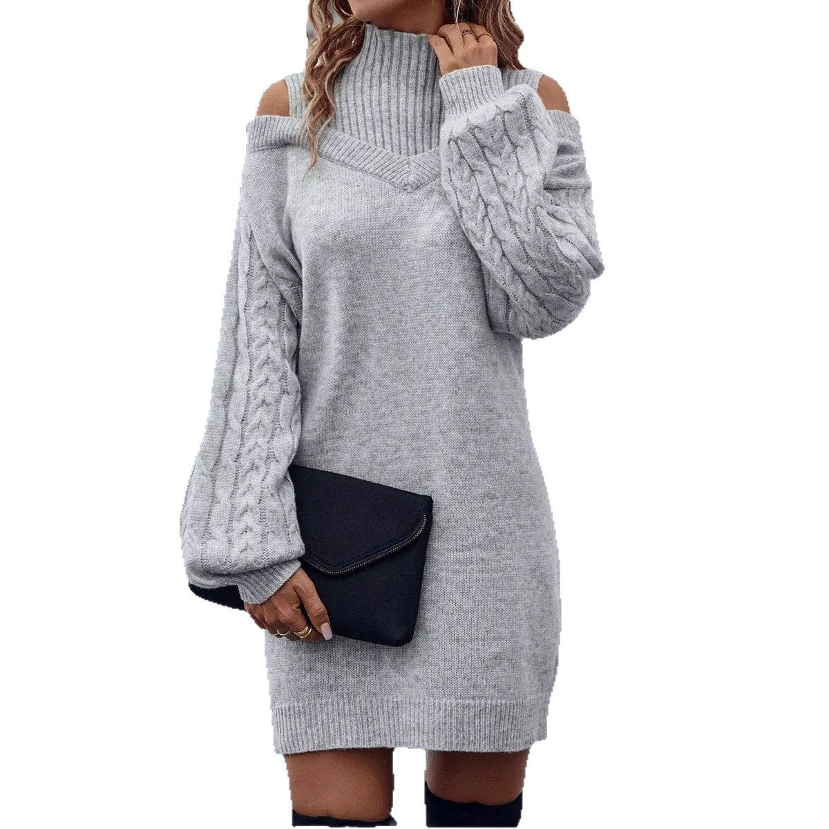Damen Strickkleid Asymmetrisch Off-Shoulder Voluminöse Ärmel