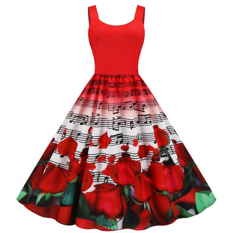 Damen Swingkleid Rosenmuster Weit Rock - Eveloria