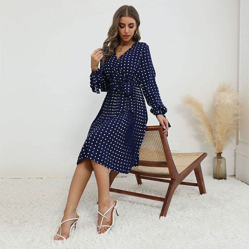 Damen Wickelkleid mit Punkten Taille Gürtel Eveloria