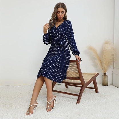 Damen Wickelkleid mit Punkten Taille Gürtel Eveloria