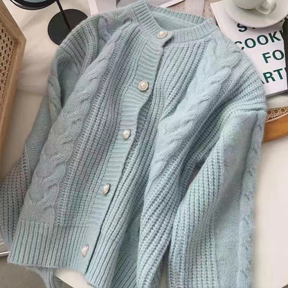 Damen Strickcardigan Kuschelig Perlenknöpfe Beige