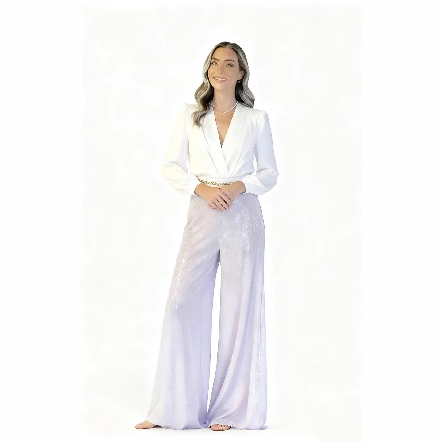 Damen Jumpsuit Eleganz Pailletten V-Ausschnitt Eveloria