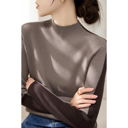 Damen Rollkragenpullover Strukturiertes Rippdesign Kontrastärmel Grau