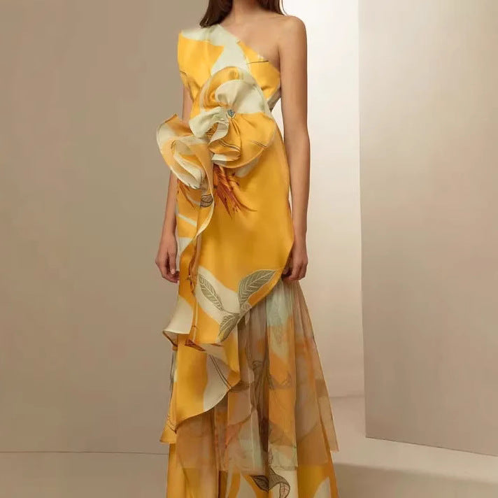 Damen Abendkleid Asymmetrisch Rüschen Eveloria